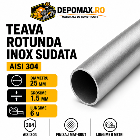 Teava rotunda inox sudata AISI 304, 25 x 1.5 mm, 6 metri